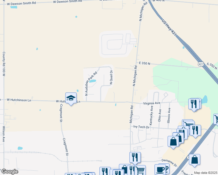 map of restaurants, bars, coffee shops, grocery stores, and more near 3300 North Quail Drive in Madison