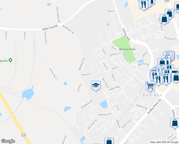 map of restaurants, bars, coffee shops, grocery stores, and more near 11254 Kessler Place in Manassas