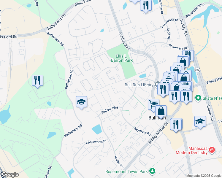 map of restaurants, bars, coffee shops, grocery stores, and more near 10895 Campaign Court in Manassas
