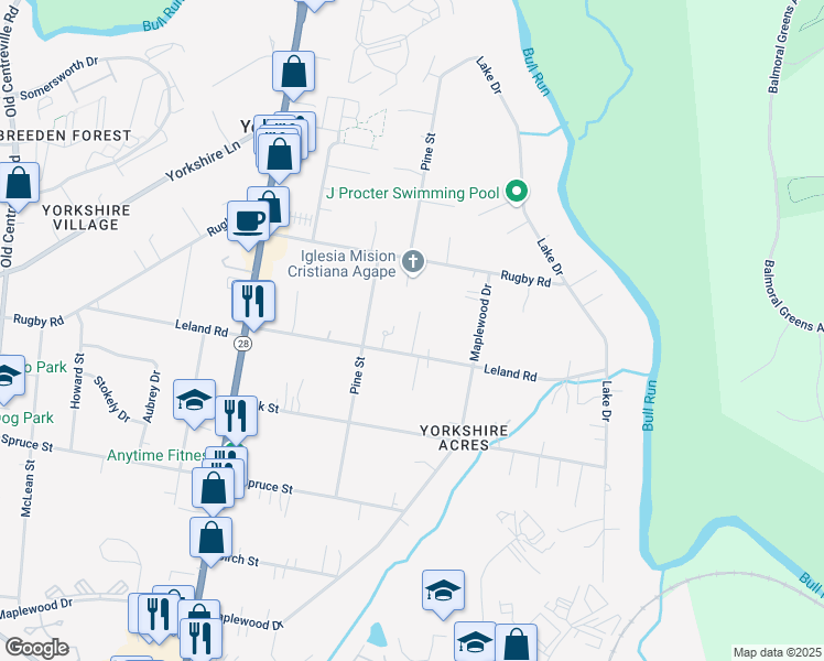 map of restaurants, bars, coffee shops, grocery stores, and more near 8016 Leland Road in Manassas