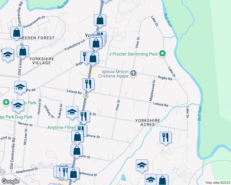 map of restaurants, bars, coffee shops, grocery stores, and more near 7718 Pine Street in Manassas