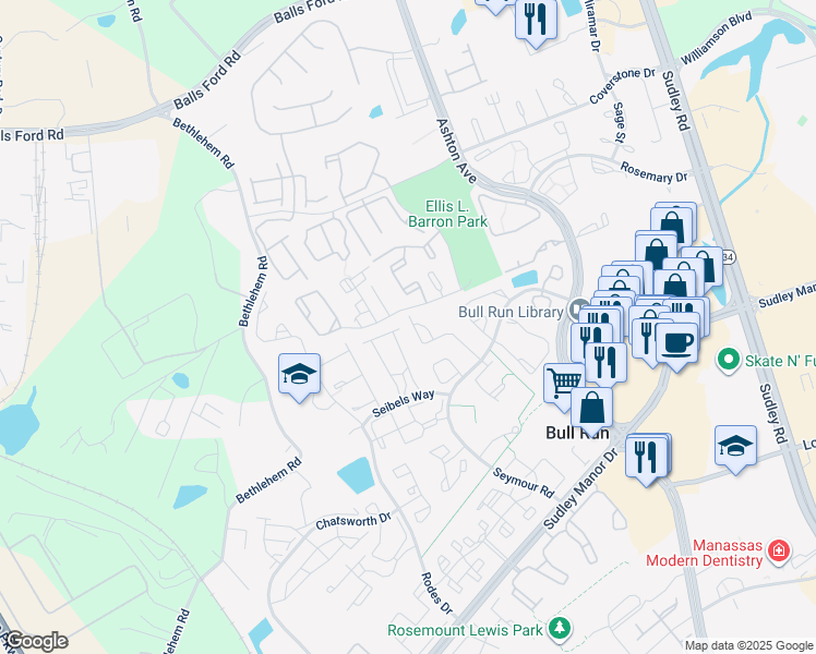 map of restaurants, bars, coffee shops, grocery stores, and more near 10895 Campaign Court in Manassas