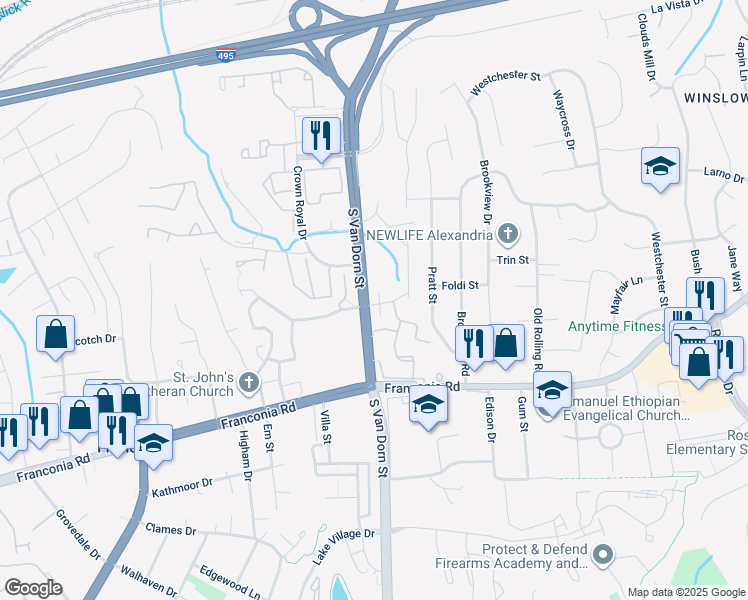 map of restaurants, bars, coffee shops, grocery stores, and more near 6058 Estates Drive in Alexandria