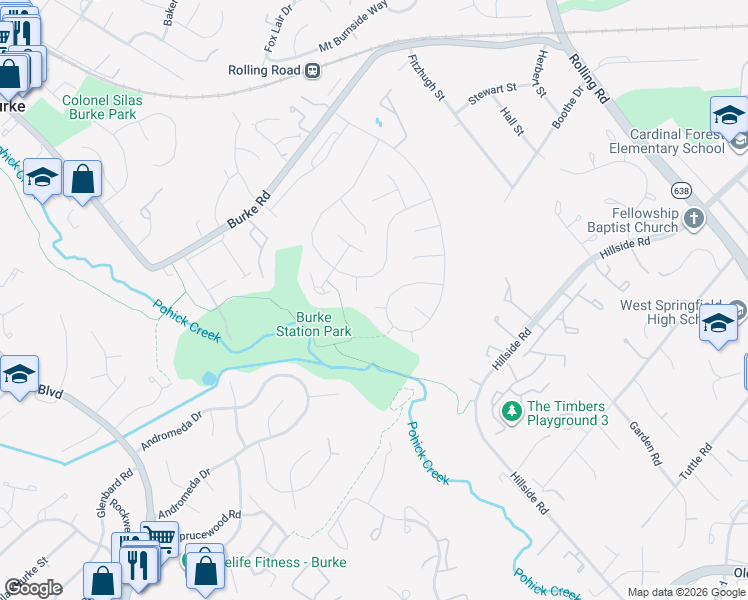 map of restaurants, bars, coffee shops, grocery stores, and more near 9002 Bluffwood Court in Burke