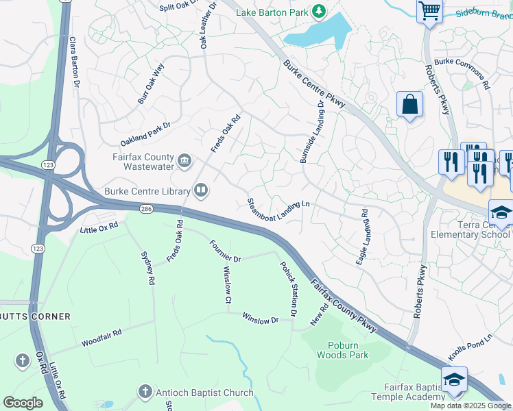 map of restaurants, bars, coffee shops, grocery stores, and more near 10342 Steamboat Landing Lane in Burke