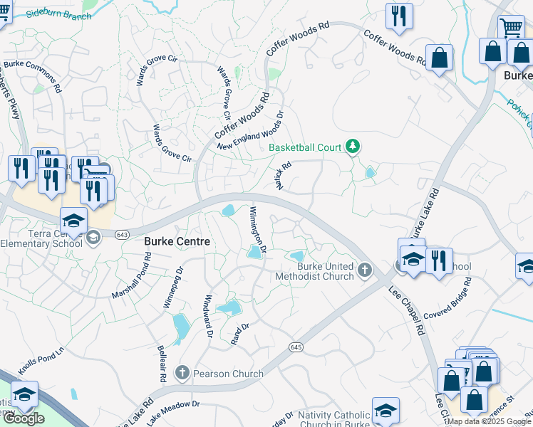 map of restaurants, bars, coffee shops, grocery stores, and more near 9894 Burke Pond Court in Burke