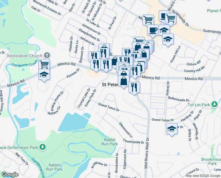 map of restaurants, bars, coffee shops, grocery stores, and more near 724 North Yosemite Court in St. Peters