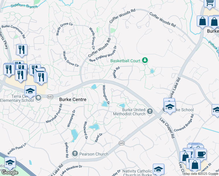 map of restaurants, bars, coffee shops, grocery stores, and more near 9894 Burke Pond Court in Burke