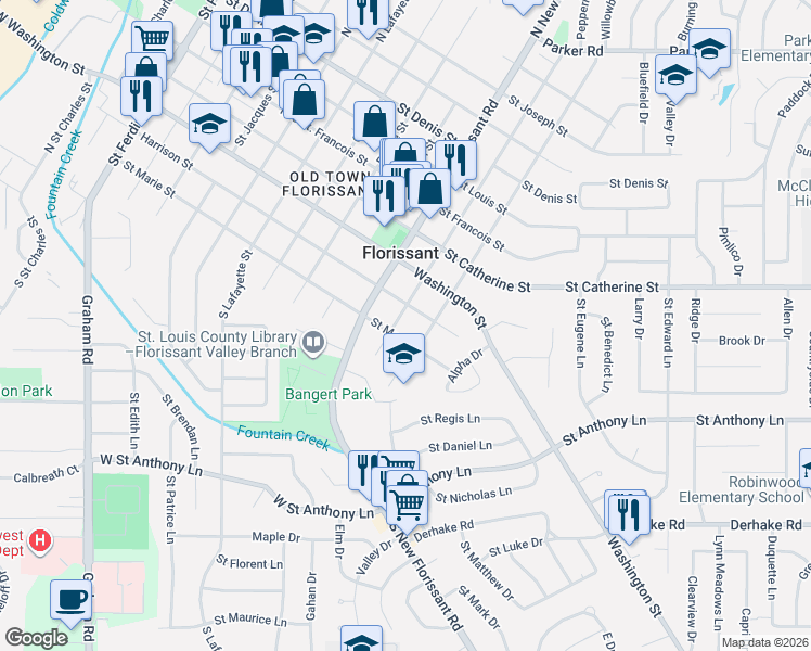 map of restaurants, bars, coffee shops, grocery stores, and more near 240 North Castello Street in Florissant