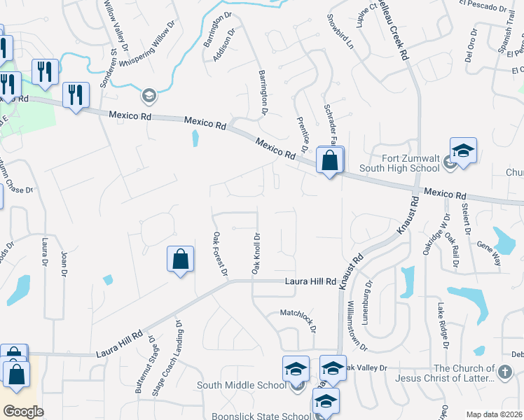 map of restaurants, bars, coffee shops, grocery stores, and more near 18 Knightsbridge Court in St. Peters