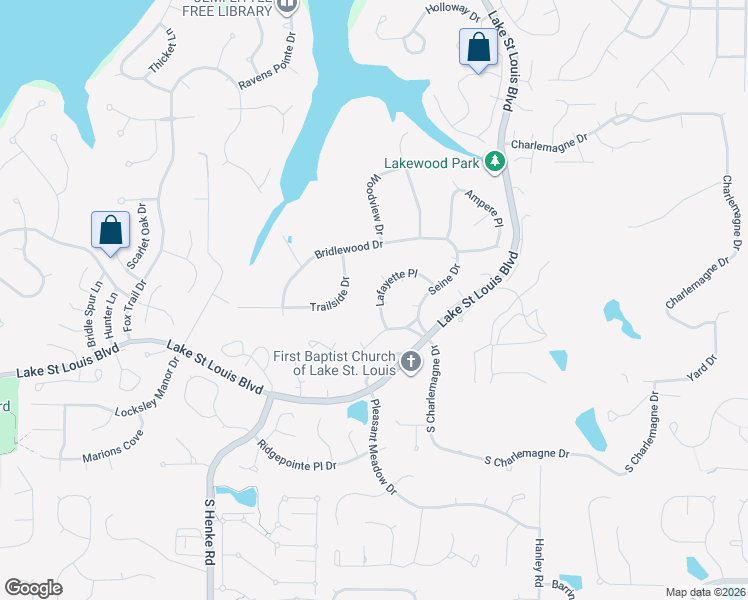 map of restaurants, bars, coffee shops, grocery stores, and more near 1034 Lafayette Place in Lake Saint Louis
