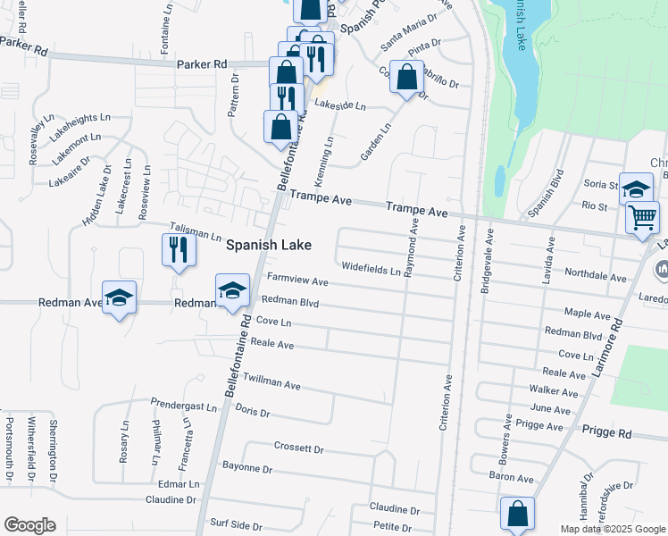 map of restaurants, bars, coffee shops, grocery stores, and more near 1476 Widefields Lane in St. Louis