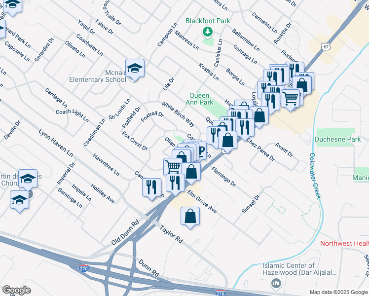 map of restaurants, bars, coffee shops, grocery stores, and more near 433 Olian Drive in Hazelwood