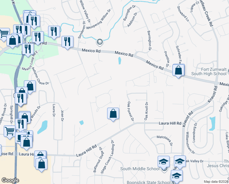 map of restaurants, bars, coffee shops, grocery stores, and more near 4 Fawn Valley Court in St. Peters