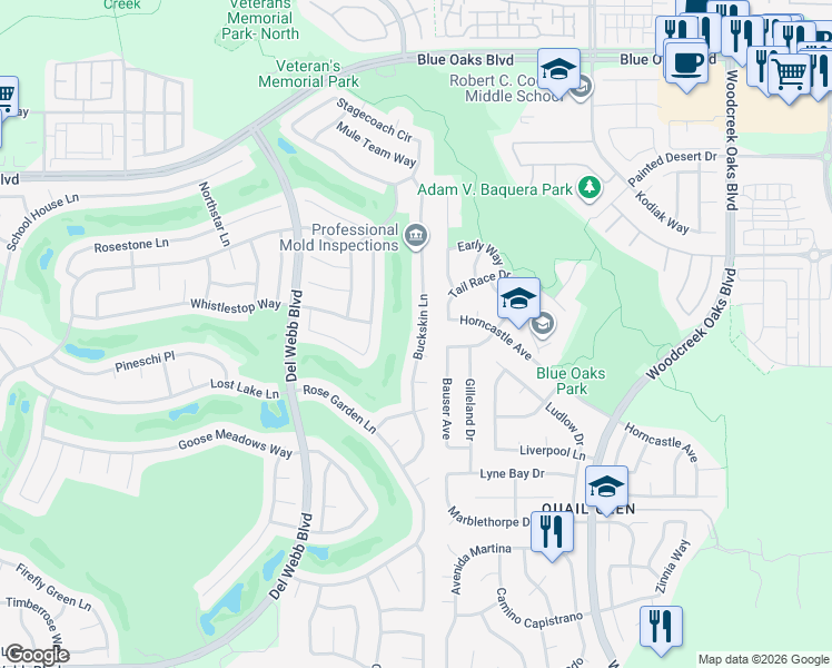 map of restaurants, bars, coffee shops, grocery stores, and more near 6225 Buckskin Lane in Roseville