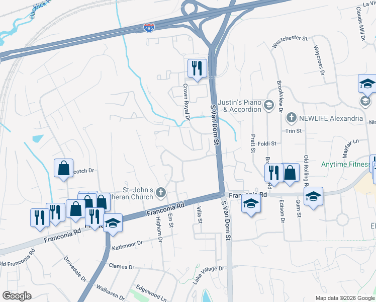 map of restaurants, bars, coffee shops, grocery stores, and more near 6043 Crown Royal Circle in Alexandria