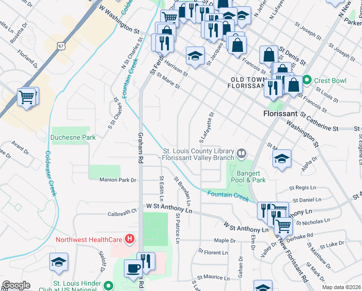 map of restaurants, bars, coffee shops, grocery stores, and more near 400 South Saint Jacques Street in Florissant