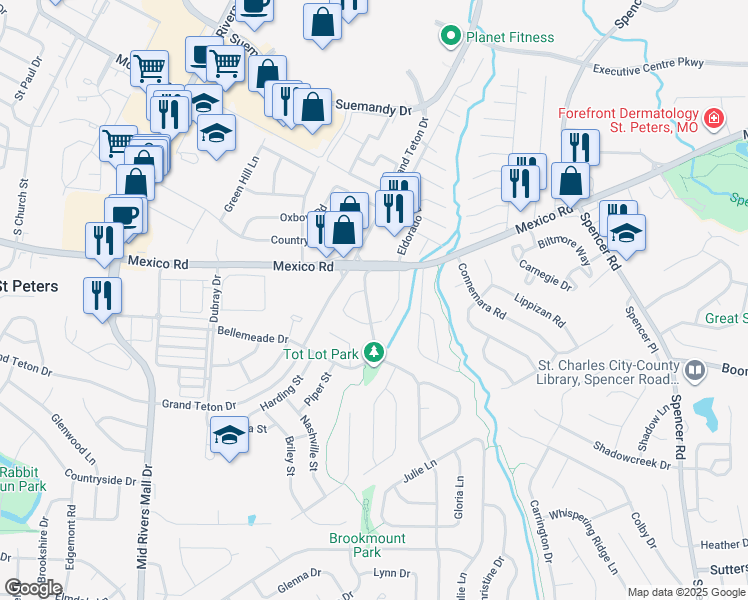 map of restaurants, bars, coffee shops, grocery stores, and more near 11 Kimberly Lane in St. Peters