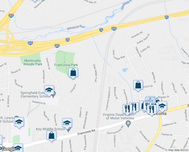 map of restaurants, bars, coffee shops, grocery stores, and more near 6102 Deer Ridge Trail in Springfield