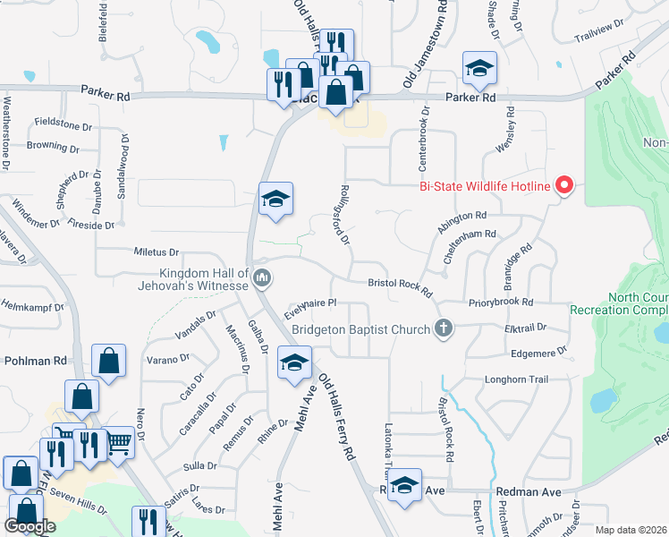 map of restaurants, bars, coffee shops, grocery stores, and more near 4883 Bristol Rock Road in Florissant