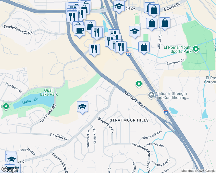 map of restaurants, bars, coffee shops, grocery stores, and more near 3294 Atrium Point in Colorado Springs