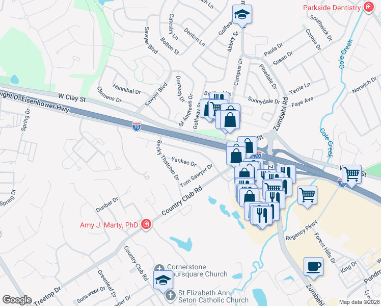 map of restaurants, bars, coffee shops, grocery stores, and more near 98 Huck Finn Drive in Saint Charles