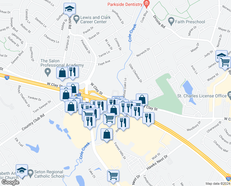 map of restaurants, bars, coffee shops, grocery stores, and more near 26 Cedarbrook Drive in Saint Charles