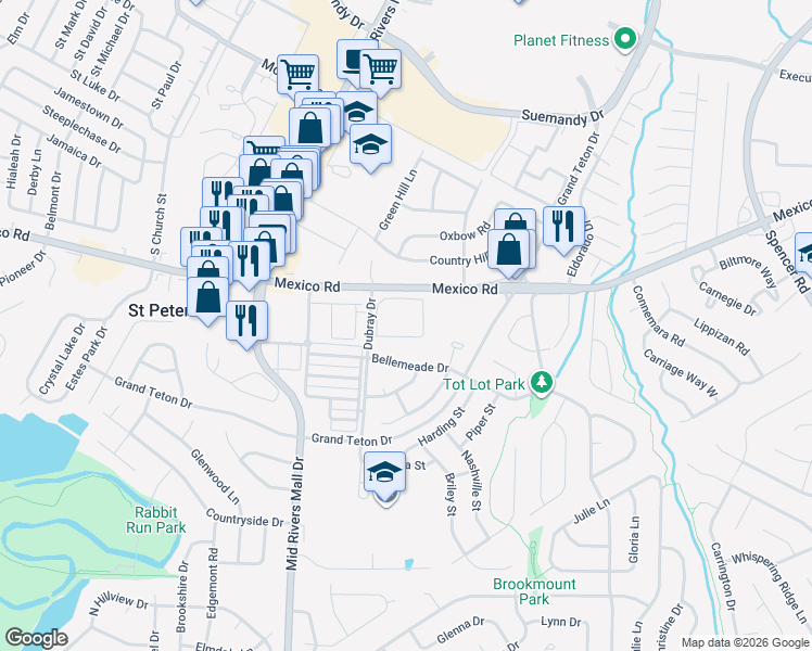 map of restaurants, bars, coffee shops, grocery stores, and more near 10 Dubray Drive in St. Peters