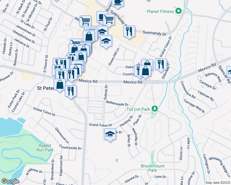 map of restaurants, bars, coffee shops, grocery stores, and more near 10 Dubray Drive in St. Peters