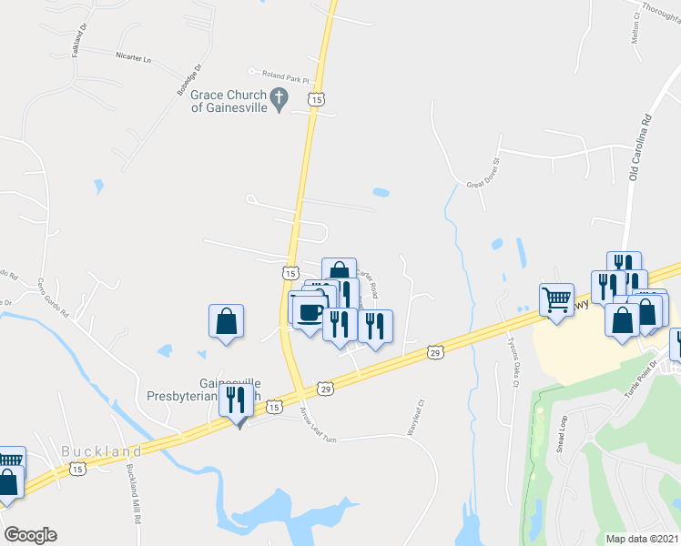 map of restaurants, bars, coffee shops, grocery stores, and more near 15905 Lee Carter Road in Gainesville