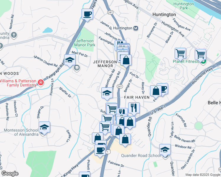 map of restaurants, bars, coffee shops, grocery stores, and more near 6010 Williamsburg Road in Alexandria