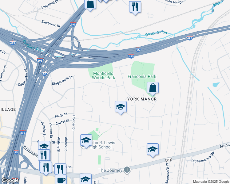 map of restaurants, bars, coffee shops, grocery stores, and more near 6004 Jennings Lane in Springfield