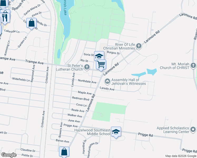map of restaurants, bars, coffee shops, grocery stores, and more near 11927 Larimore Road in St. Louis