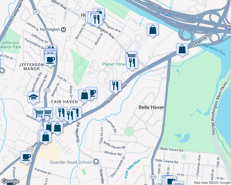 map of restaurants, bars, coffee shops, grocery stores, and more near Richmond Highway in Huntington