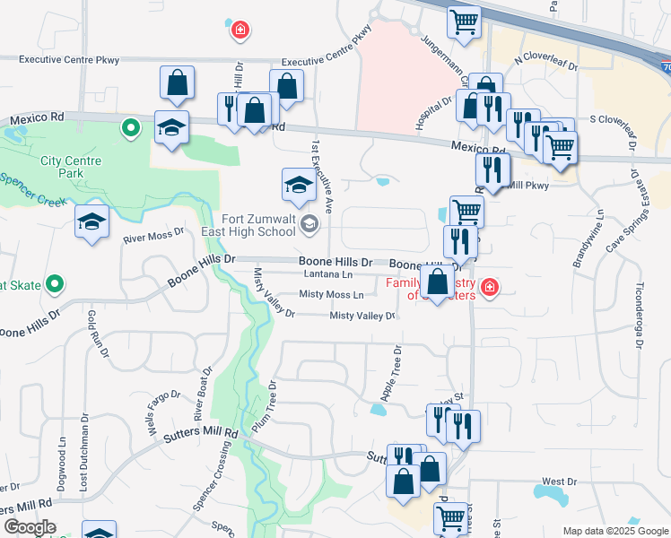 map of restaurants, bars, coffee shops, grocery stores, and more near 425 Lantana Lane in St. Peters