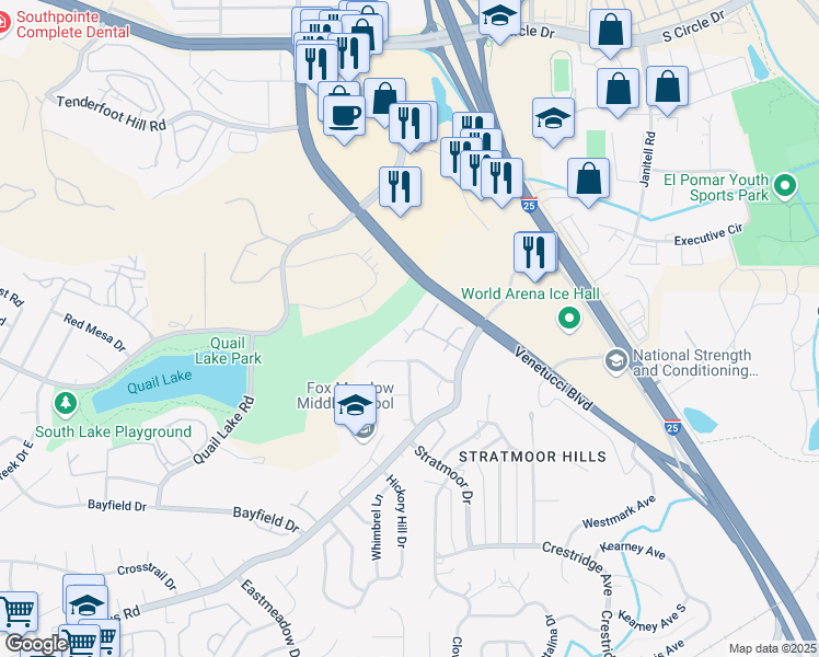 map of restaurants, bars, coffee shops, grocery stores, and more near 1528 Courtyard Heights in Colorado Springs