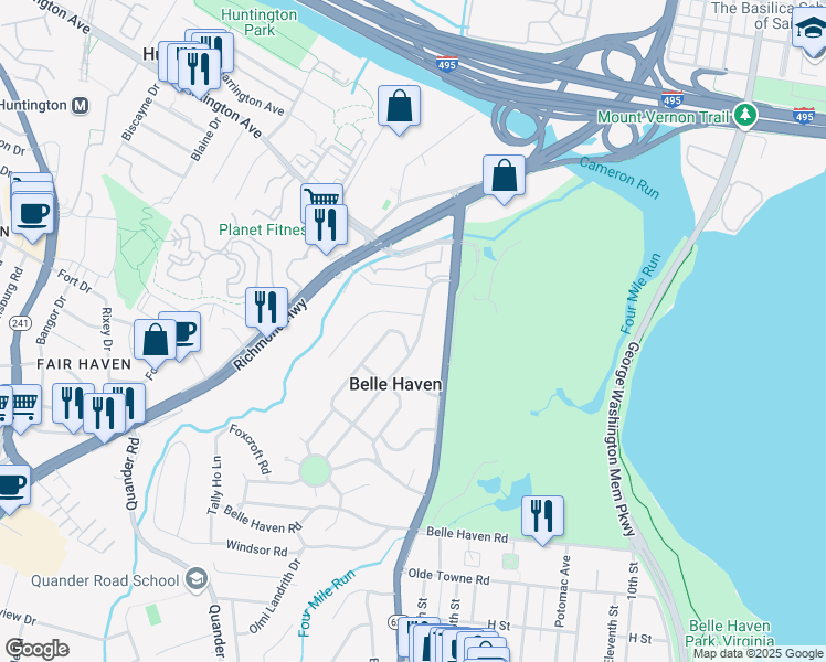 map of restaurants, bars, coffee shops, grocery stores, and more near 6032 Woodmont Road in Alexandria