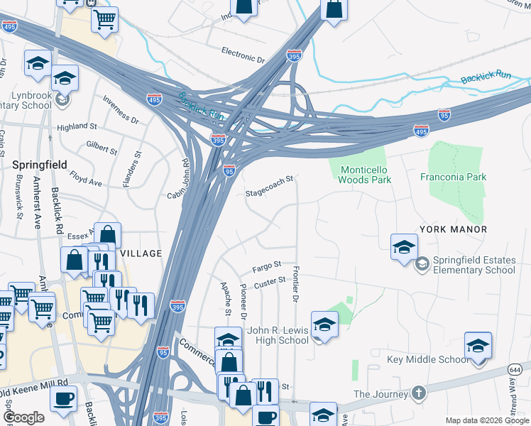 map of restaurants, bars, coffee shops, grocery stores, and more near 6015 Trailside Drive in Springfield