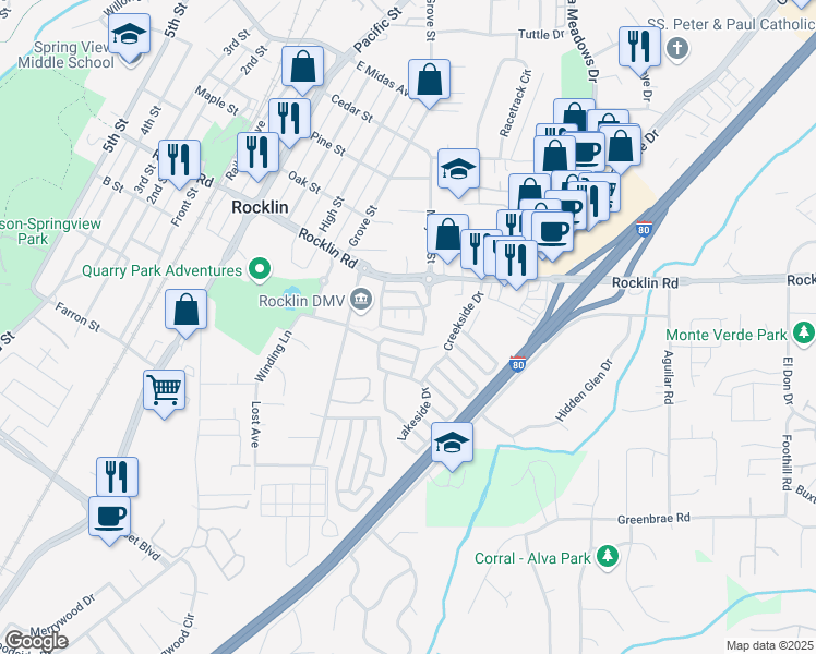 map of restaurants, bars, coffee shops, grocery stores, and more near 5235 Levison Way in Rocklin