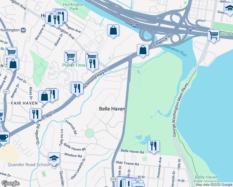 map of restaurants, bars, coffee shops, grocery stores, and more near 6032 Woodmont Road in Alexandria