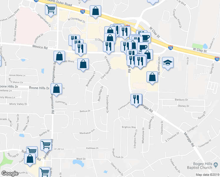 map of restaurants, bars, coffee shops, grocery stores, and more near 1326 Ticonderoga Drive in St. Peters