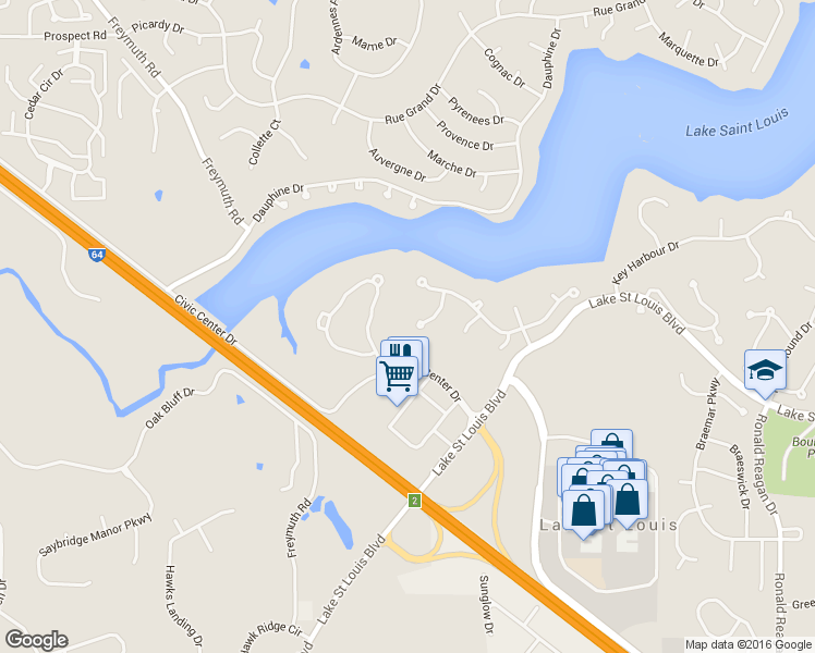 map of restaurants, bars, coffee shops, grocery stores, and more near 24 Park Hill Circle in Lake Saint Louis