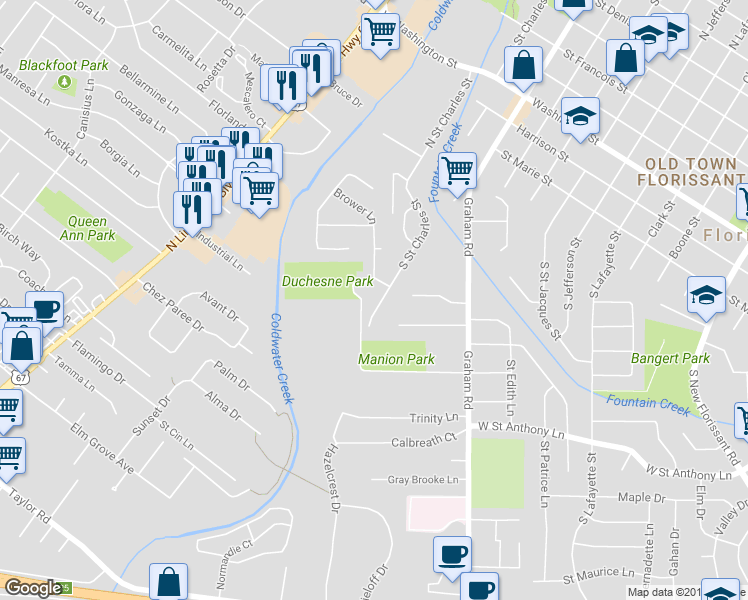 map of restaurants, bars, coffee shops, grocery stores, and more near 405 South Saint Charles Street in Florissant