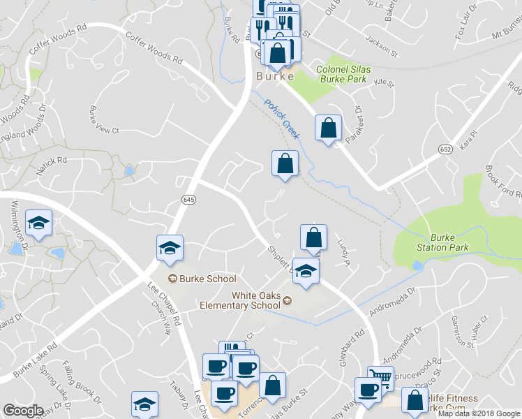 map of restaurants, bars, coffee shops, grocery stores, and more near 6054 Heathwick Court in Burke