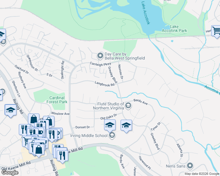 map of restaurants, bars, coffee shops, grocery stores, and more near 8107 Langbrook Road in West Springfield