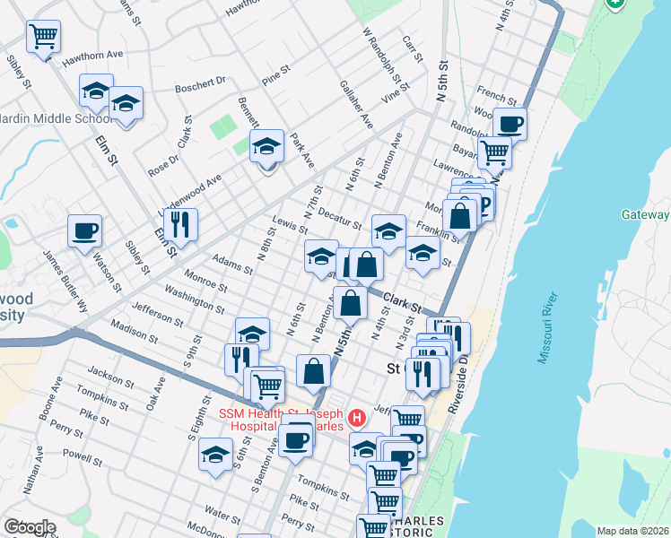 map of restaurants, bars, coffee shops, grocery stores, and more near 552 Clark Street in Saint Charles