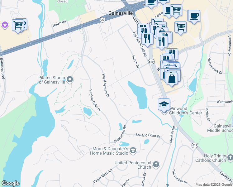 map of restaurants, bars, coffee shops, grocery stores, and more near 14256 Saint Annes Court in Gainesville