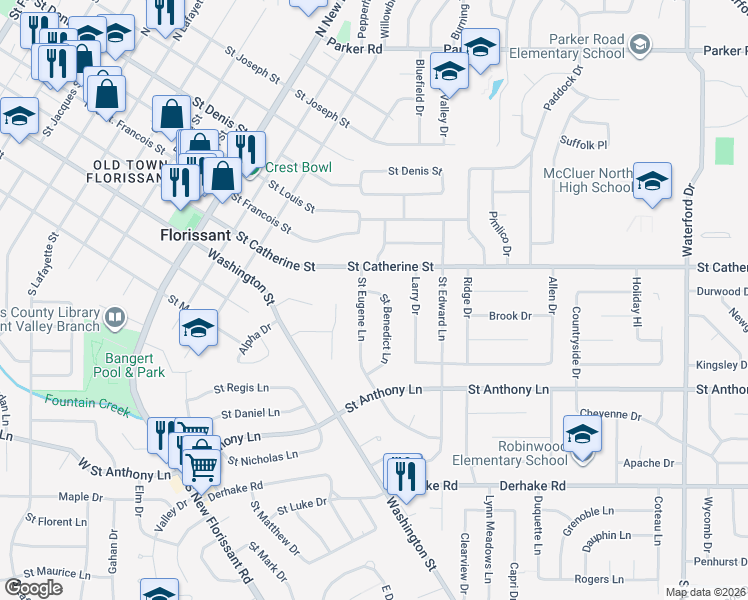 map of restaurants, bars, coffee shops, grocery stores, and more near 25 Saint Benedict Lane in Florissant