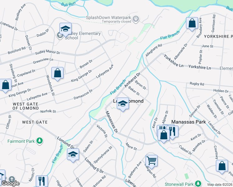 map of restaurants, bars, coffee shops, grocery stores, and more near 7806 Amherst Drive in Manassas