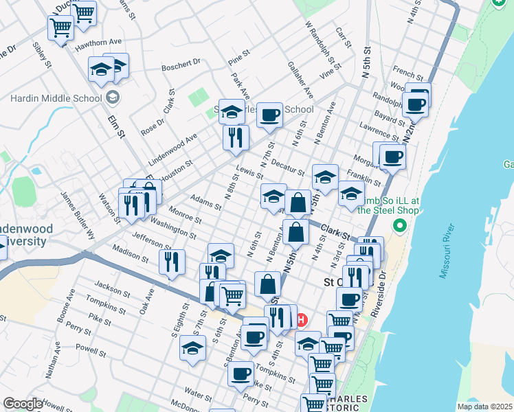 map of restaurants, bars, coffee shops, grocery stores, and more near 615 Clark Street in Saint Charles